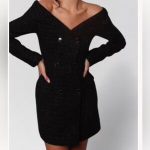 Black Tweed Off-Shoulder Mini Dress